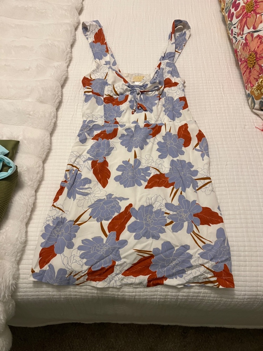 l*space White Dress with Blue and Rust Floral Print